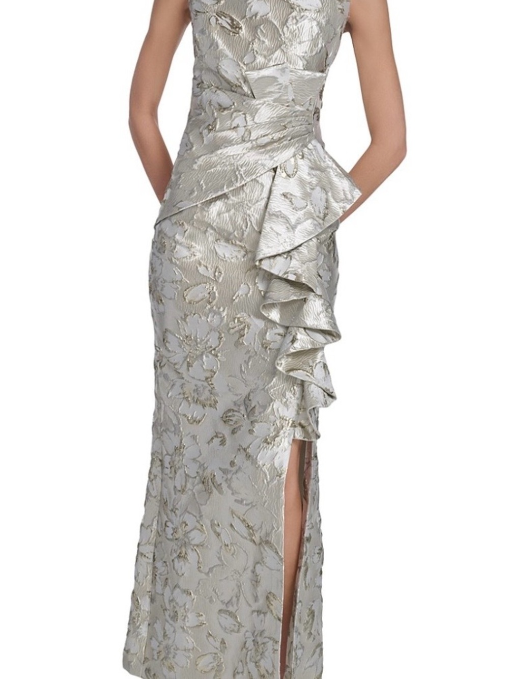 Eliza J Silver Metallic Brocade Ruffle Side-Slit Maxi Dress-new with tags
